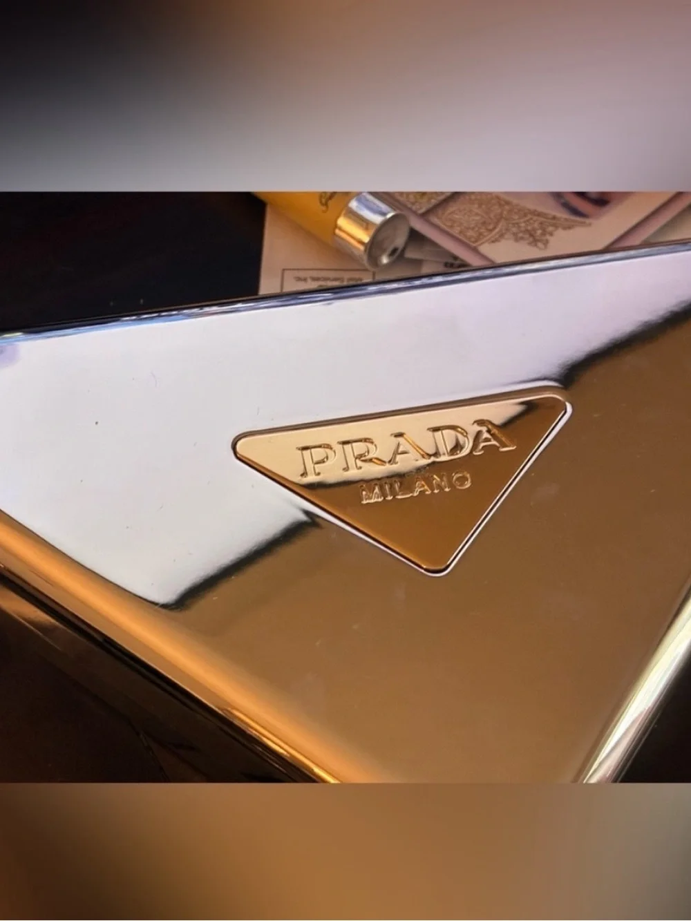 Prada Gold-Tone Triangle Logo Metallic Clutch 7*7*10 inches